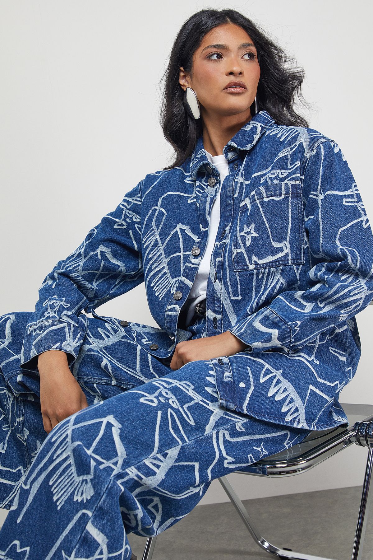 Warehouse Tony Oversized Printed Denim Shirt Co-ord Mid Blue image 2