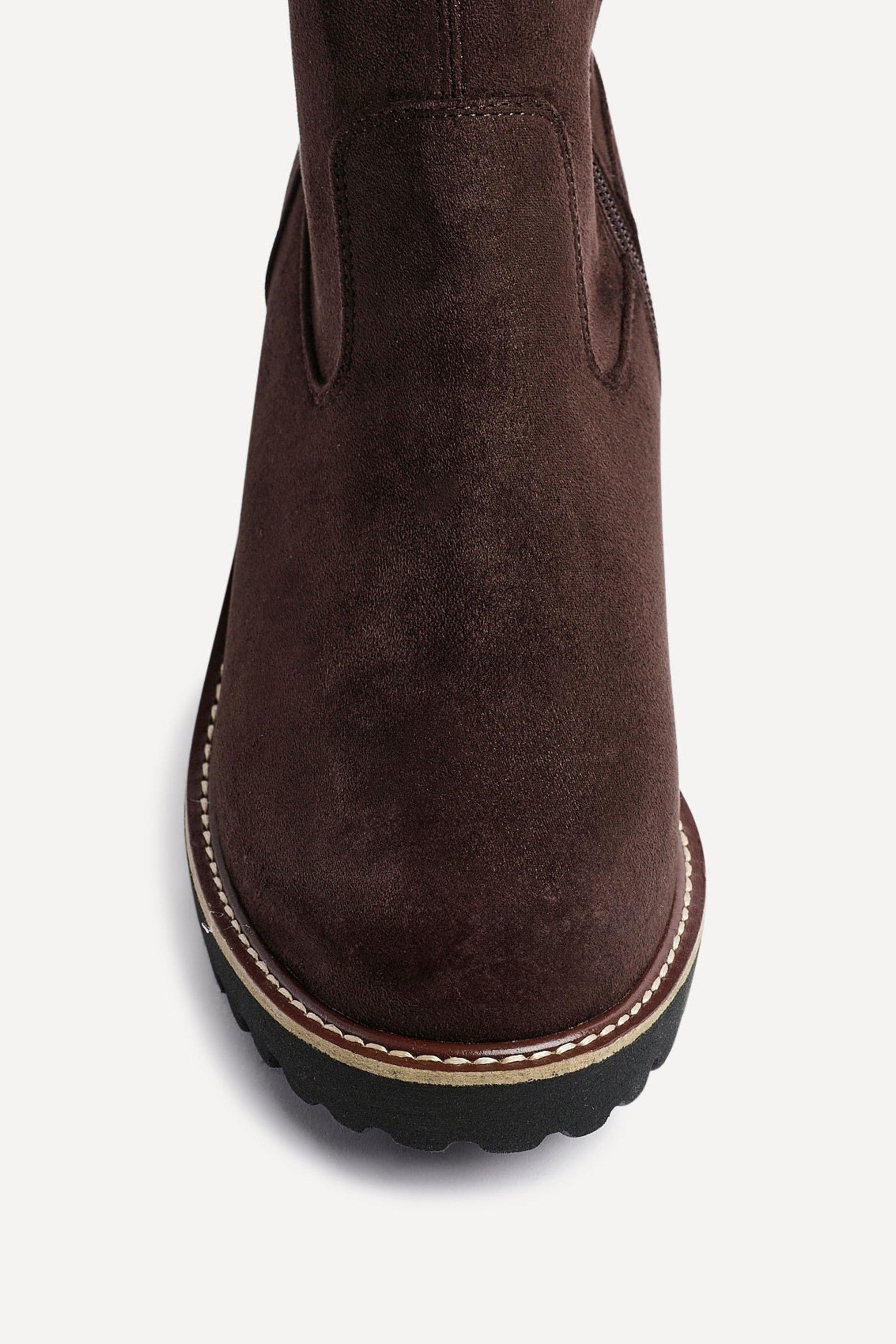 Linzi Maintain Wide Fit Brown Faux Suede Stretch High Leg Wedge Boot image 5