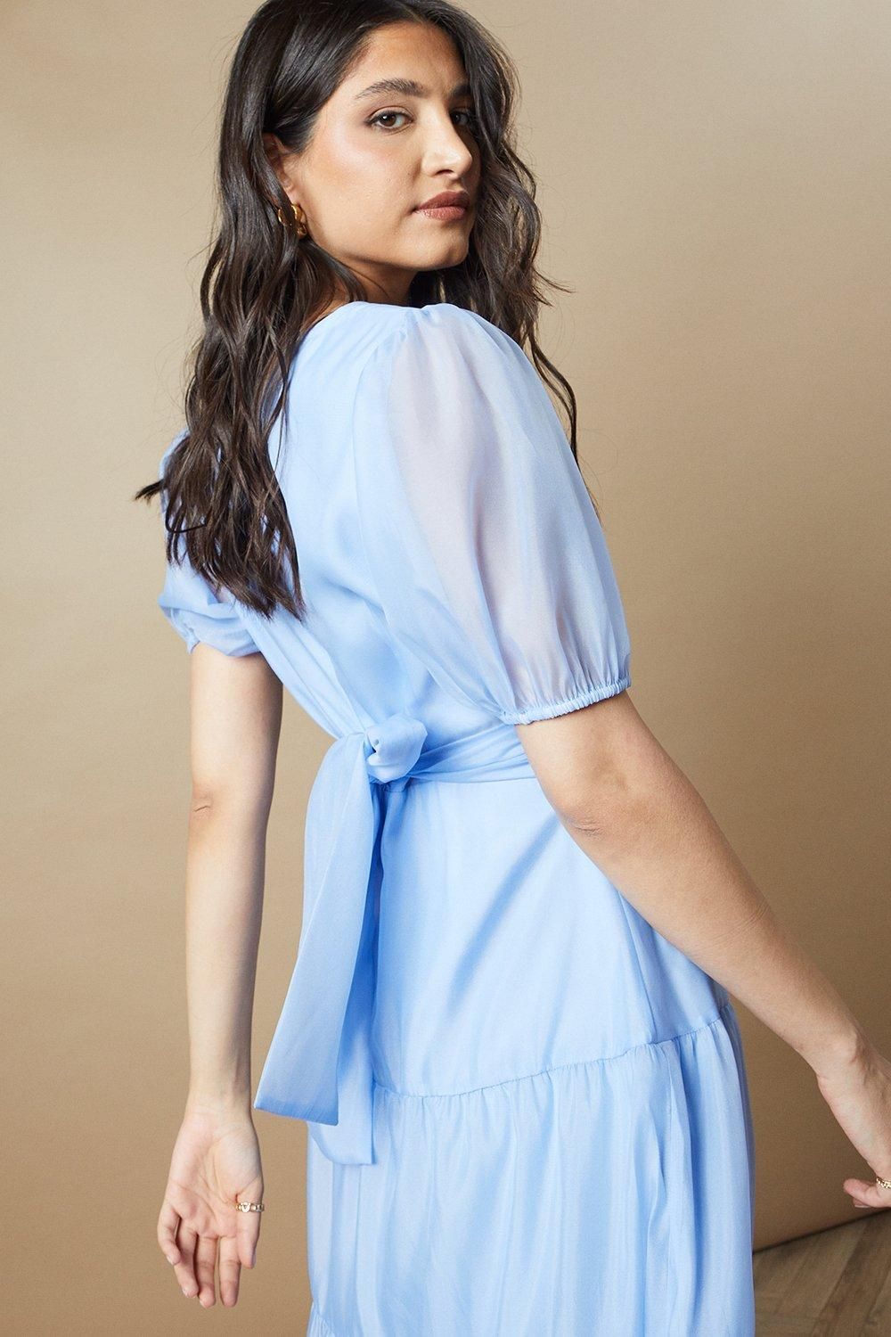 Oasis Organza Puff Sleeve Pintuck Midi Dress Blue image 2