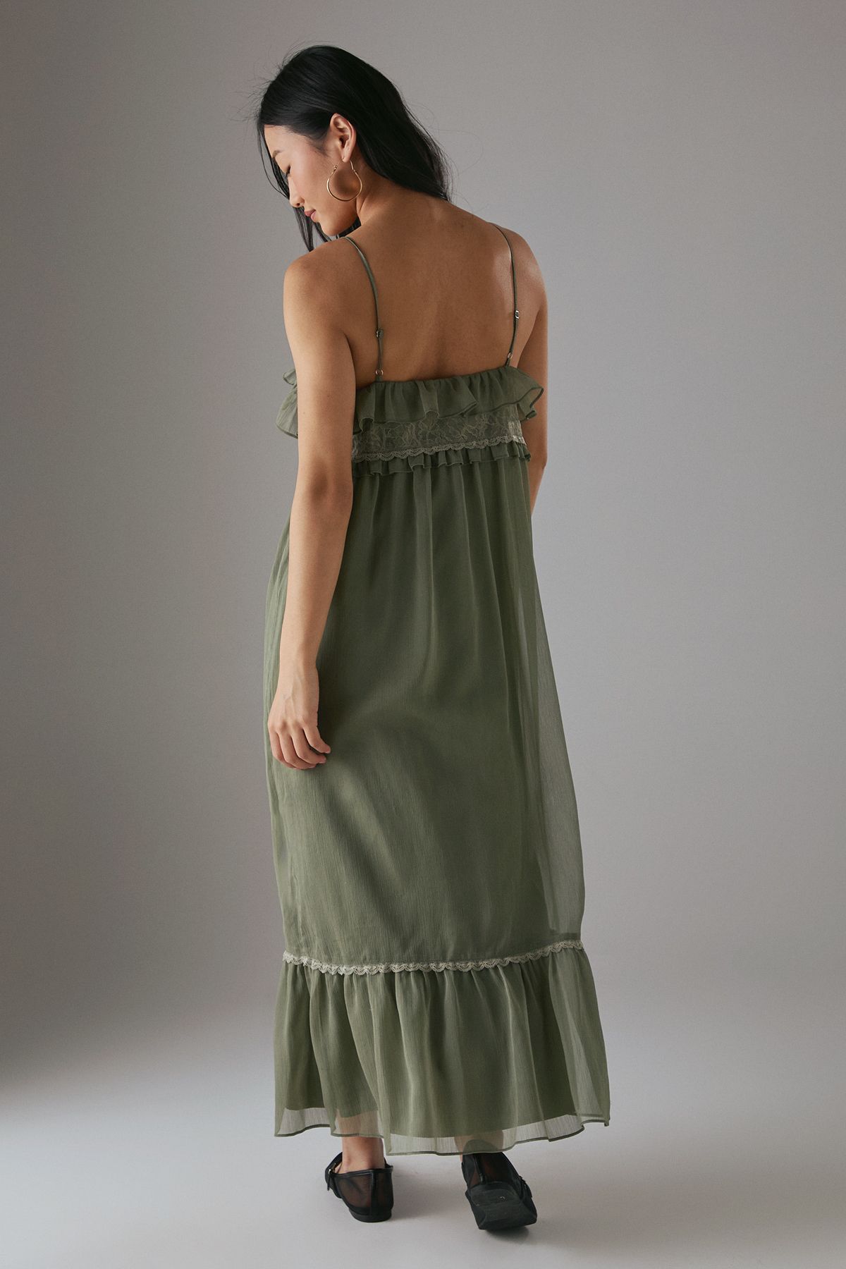 Warehouse Petite Lace Ruffle Strappy Midi Sundress Khaki image 3