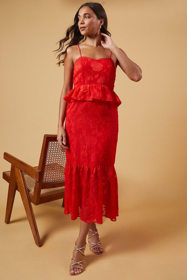 Oasis Petite Occasion Jacquard Peplum Midaxi Dress Red
