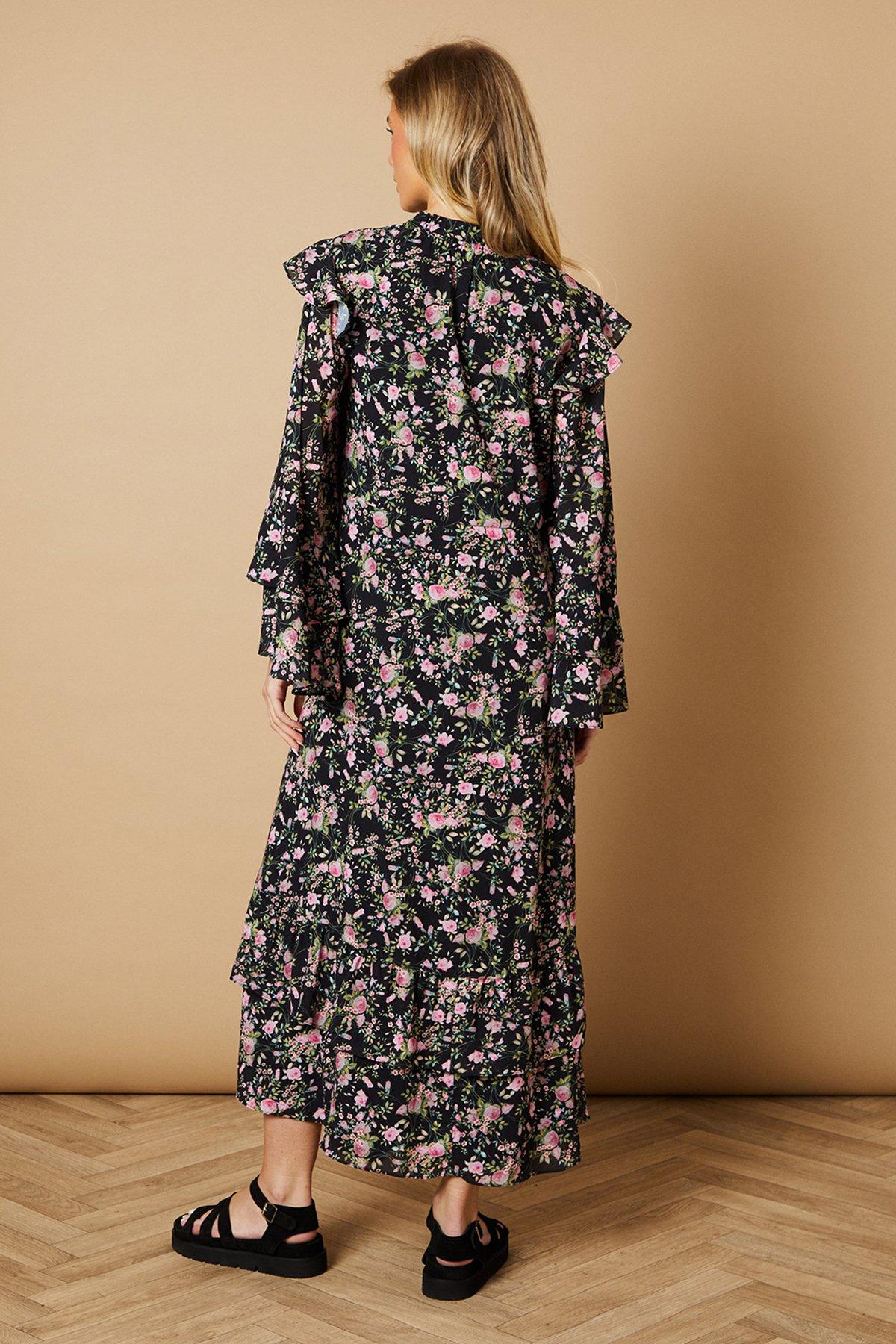 Oasis Floral Printed Drawstring Waist Midi Dress Black image 3