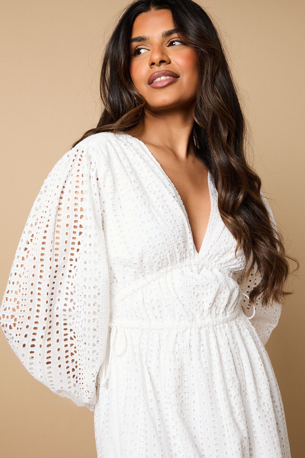 Oasis Petite Broderie Tie Front Puff Sleeve Midi Dress White image 4