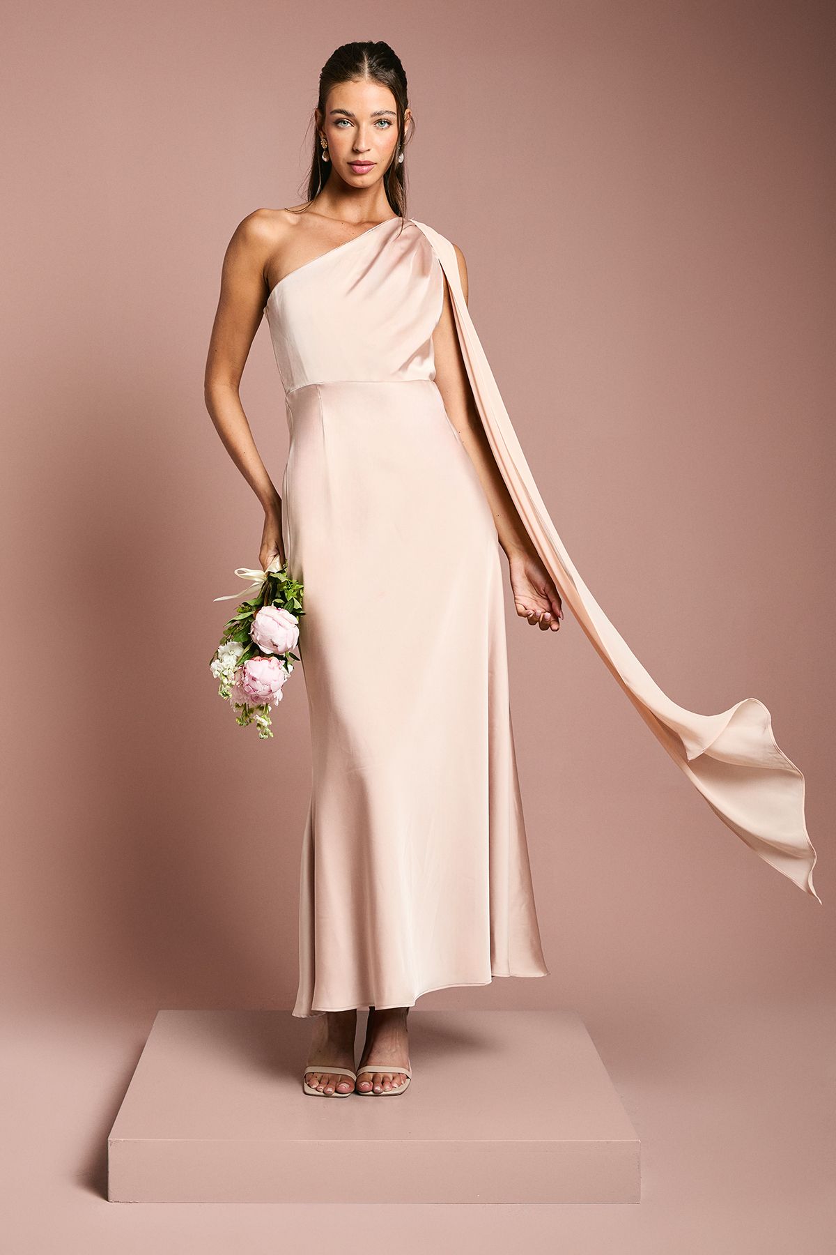 Coast Satin One Shoulder Bridesmaid Dress with Chiffon Drape Blush image 1