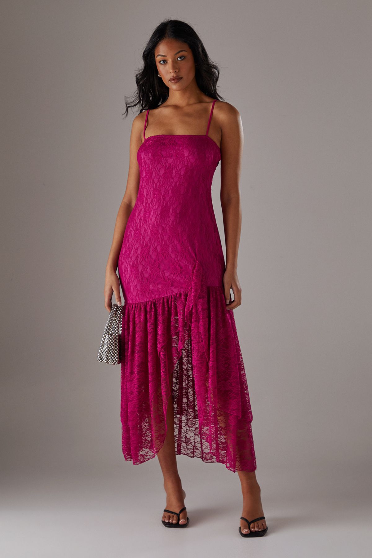 Warehouse Lace Strappy Drop Waist Ruffle Midi Dress Magenta