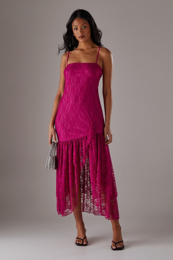 Warehouse Lace Strappy Drop Waist Ruffle Midi Dress Magenta