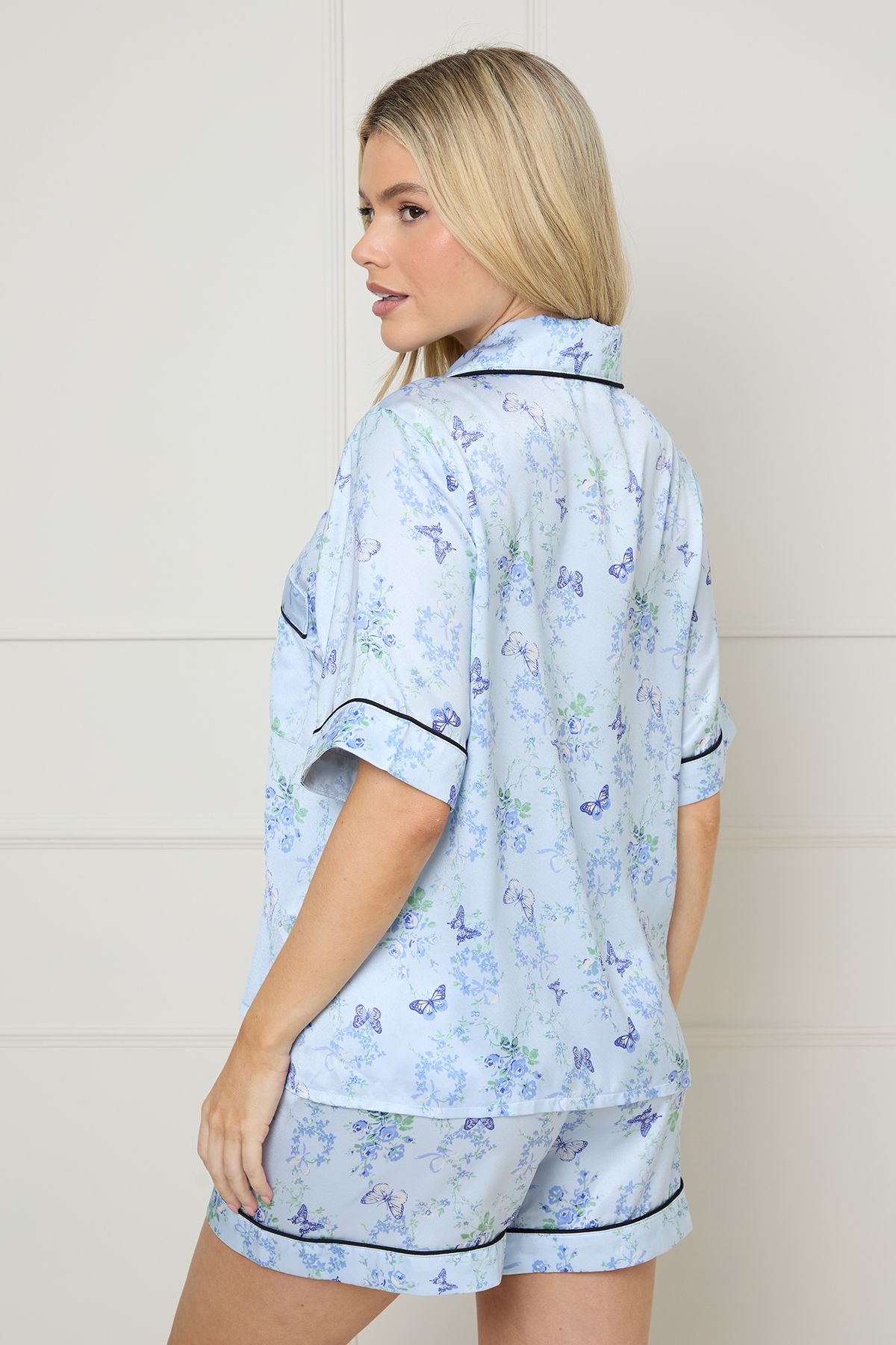 Oasis Blue Butterflies Satin Nightwear Shorts Set Blue image 4