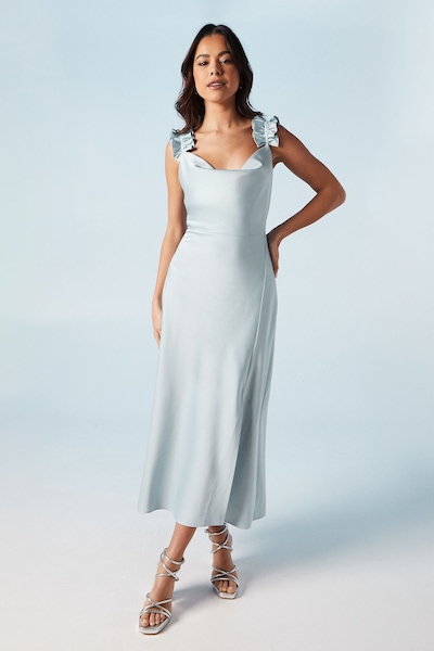 Oasis Ruffle Shoulder Detail Satin Bridesmaid Midi Dress Light Blue