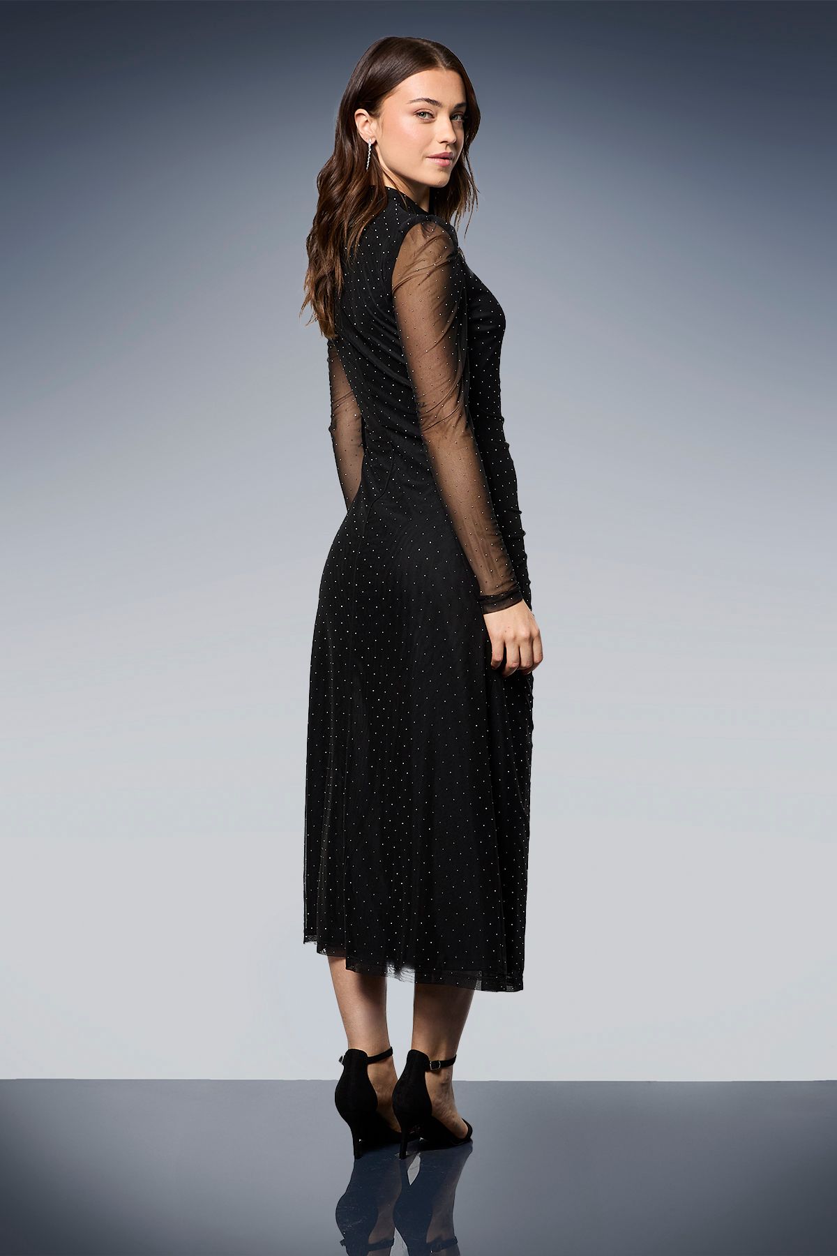 Dorothy Perkins DP Luxe Diamante Printed Mesh Gathered Midi Dress Black image 3