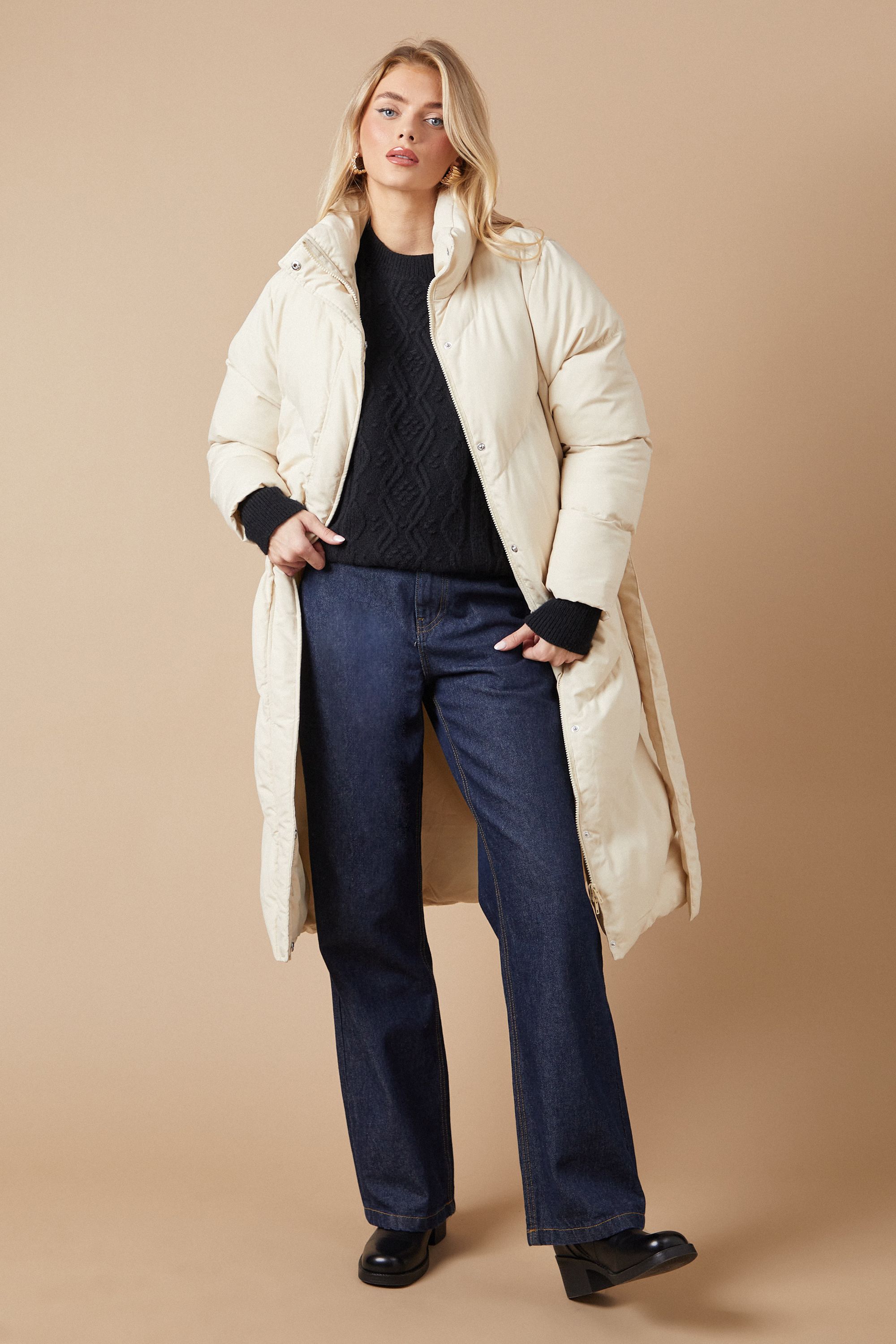 Oasis Belted Midi Padded Funnel Neck Coat Neutral image 1