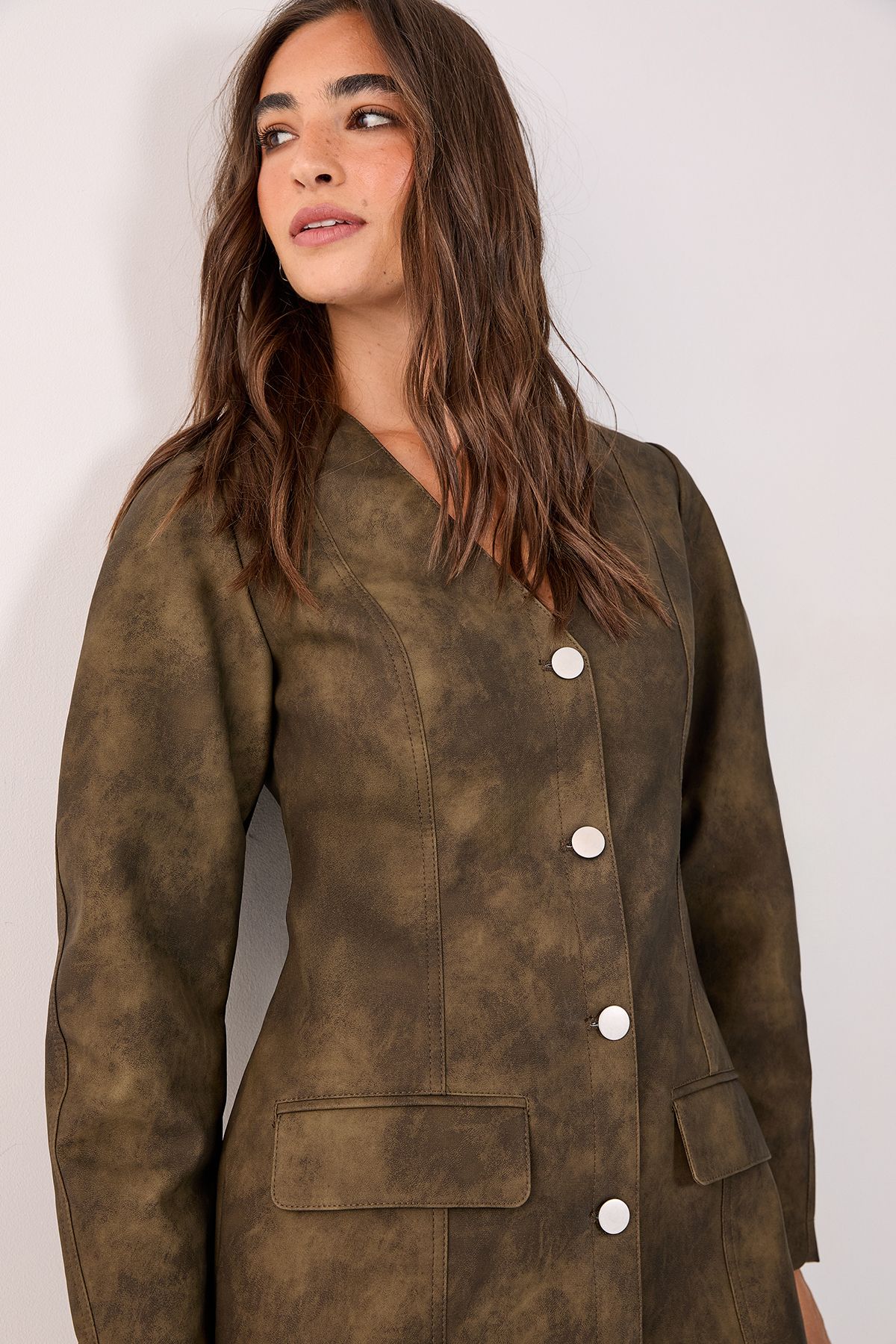 NastyGal Cocoon Sleeve Faux Leather Blazer Mini Dress Olive image 3