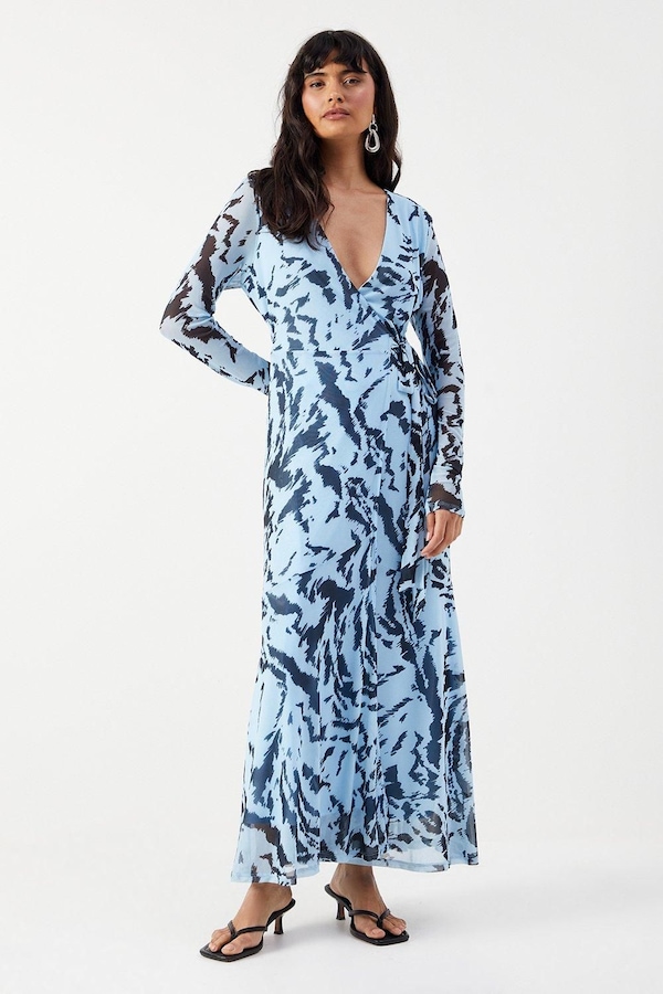 Warehouse Zebra Mesh Asymmetric Seam Wrap Midi Dress Blue