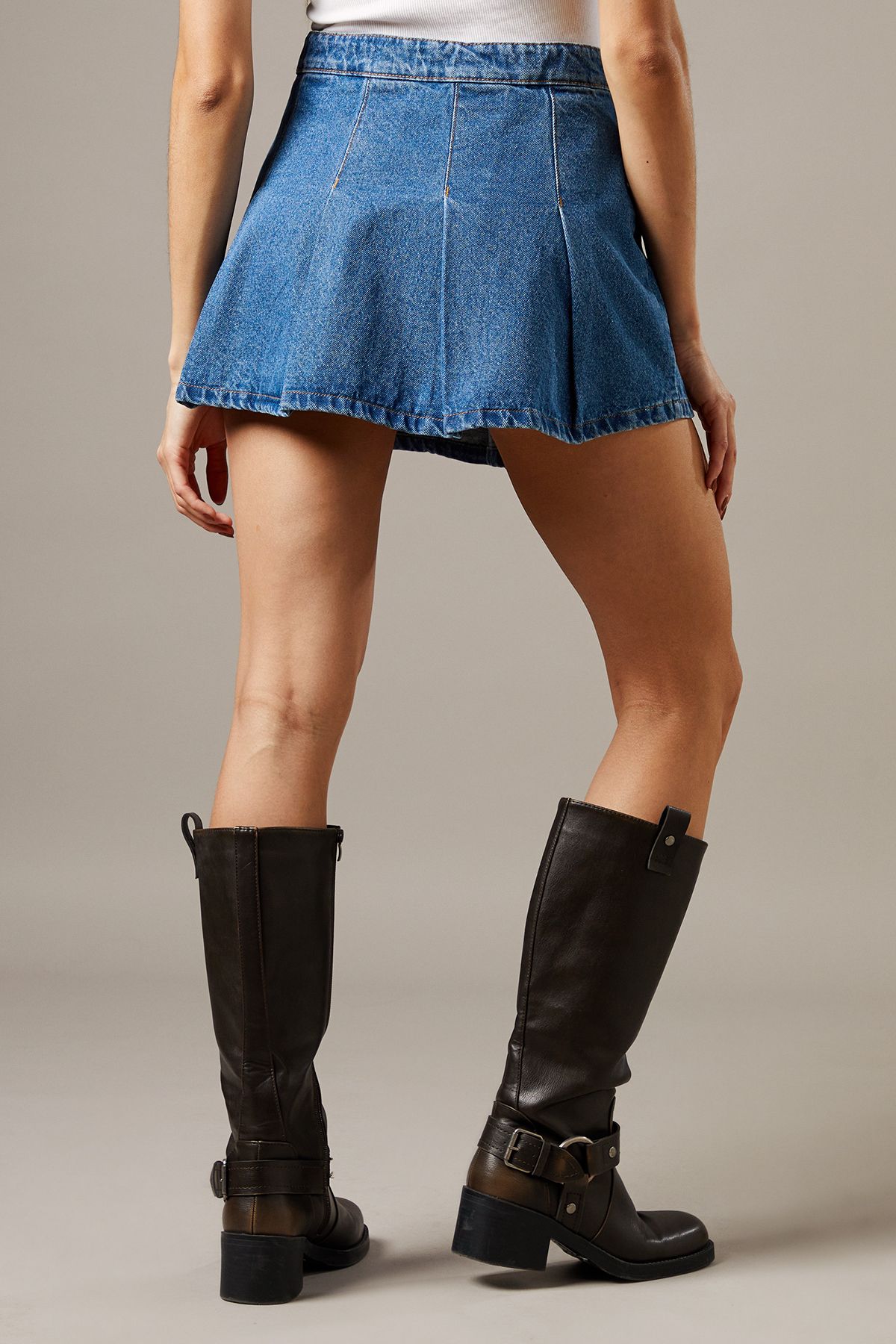 Warehouse Denim Pleated Mini Skirt Mid Blue image 3