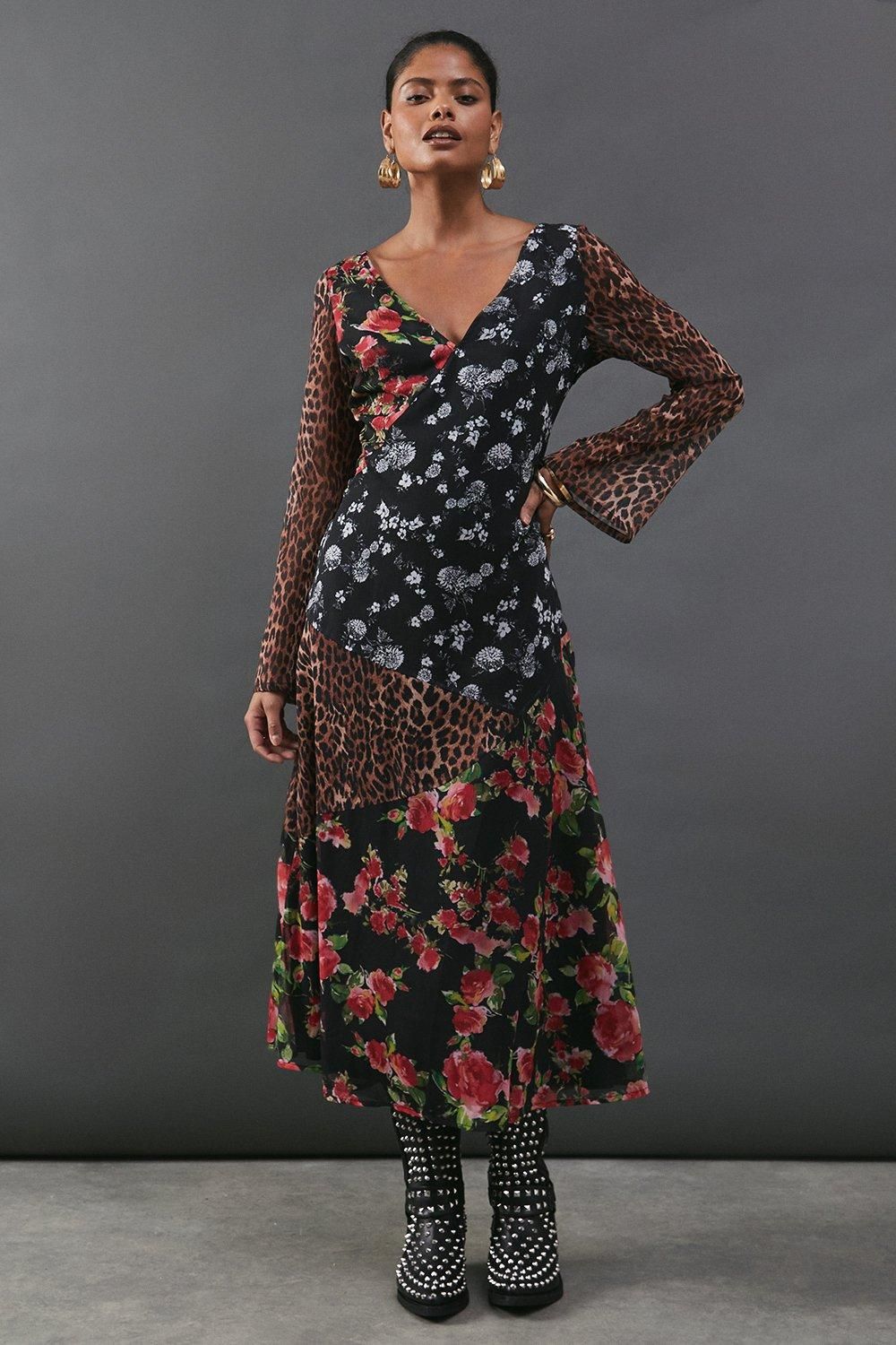 Warehouse Chiffon Panelling Tie Sleeve Midi Dress Multi image 1