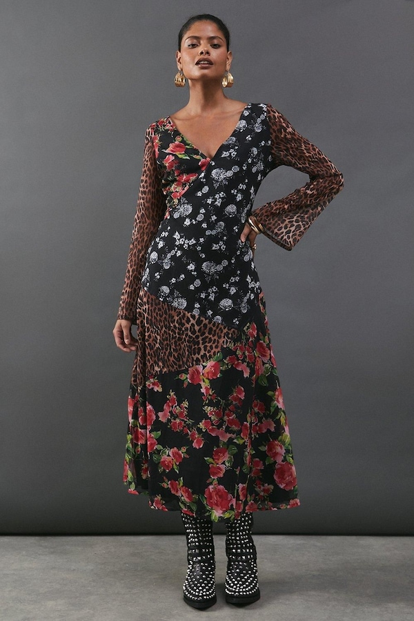 Warehouse Chiffon Panelling Tie Sleeve Midi Dress Multi