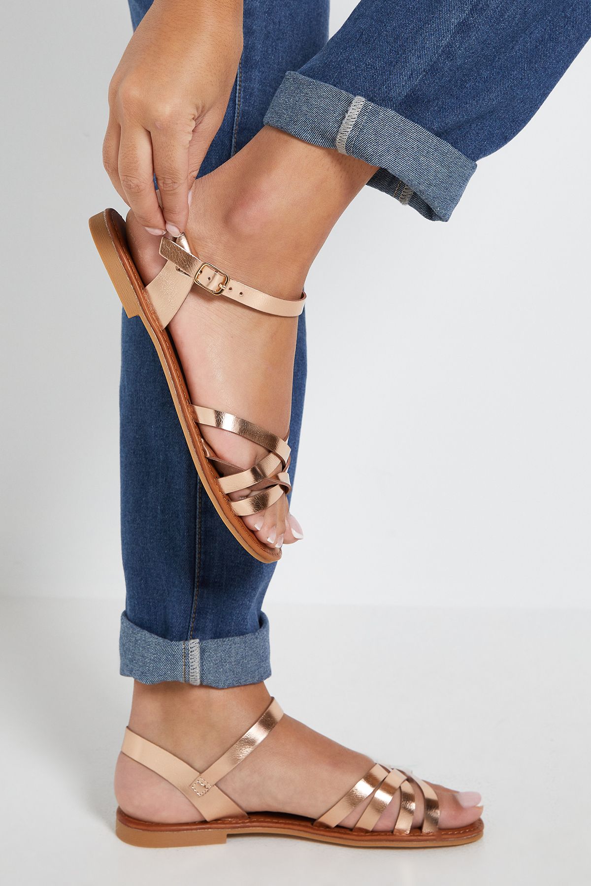 Dorothy Perkins Aida Faux Leather Cross Strap Flat Sandals Gold image 4