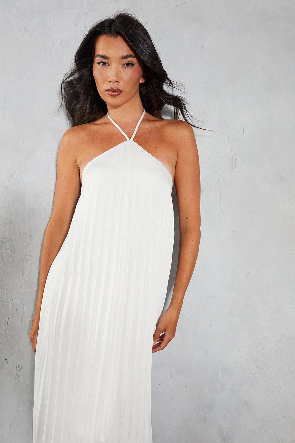 MissPap Satin Pleated Strappy Halterneck Low Back Maxi Dress Ivory image 2