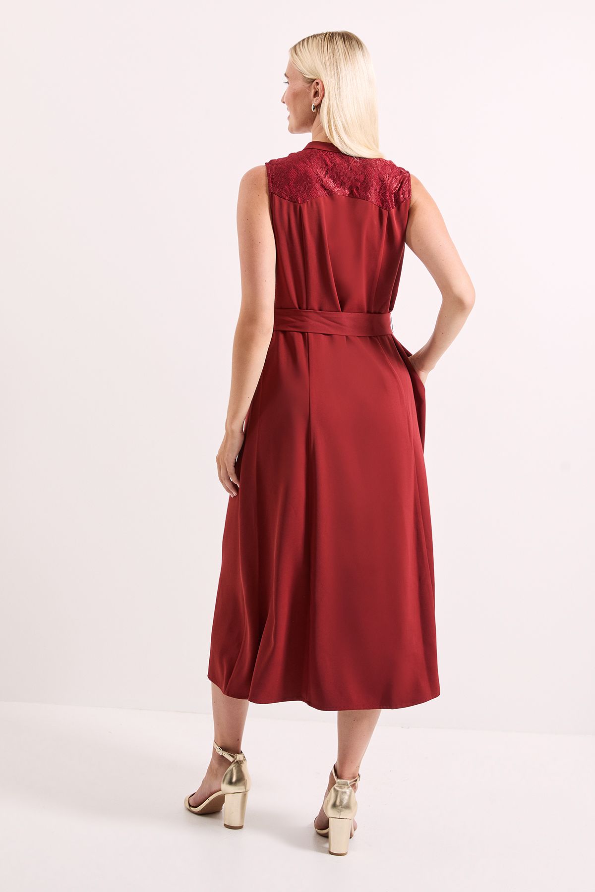 Principles Western Yoke Lace Detail Tie Waist Midi Dress Berry image 3