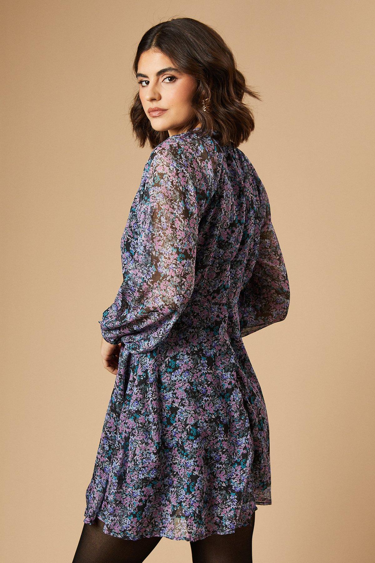 Oasis Ditsy Chiffon Keyhole Mini Dress image 3