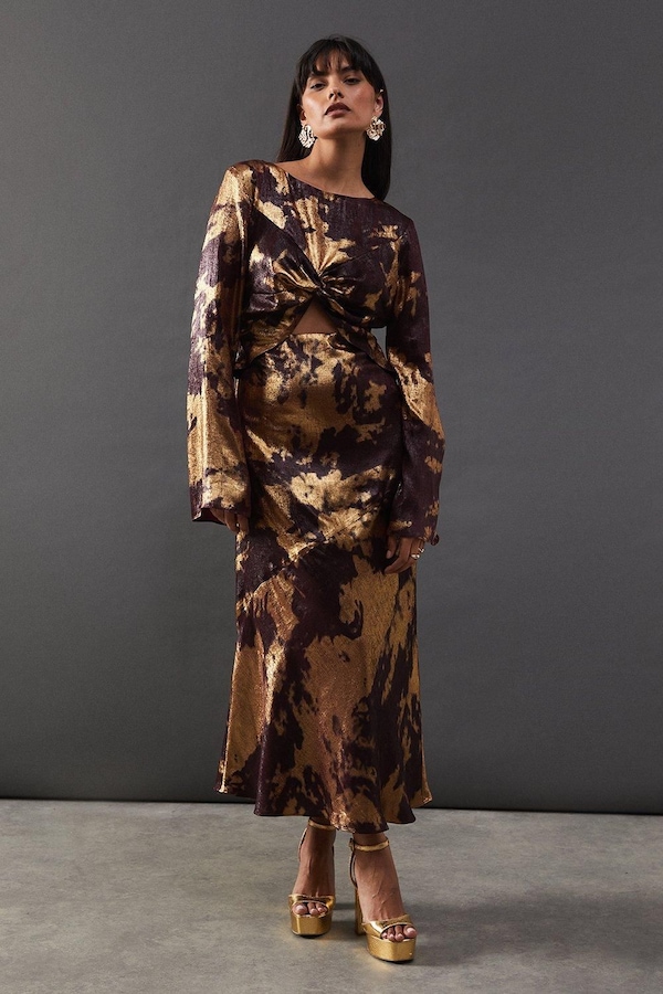 Warehouse Metallic Marble Twist Front Bias Midi Dress Metal