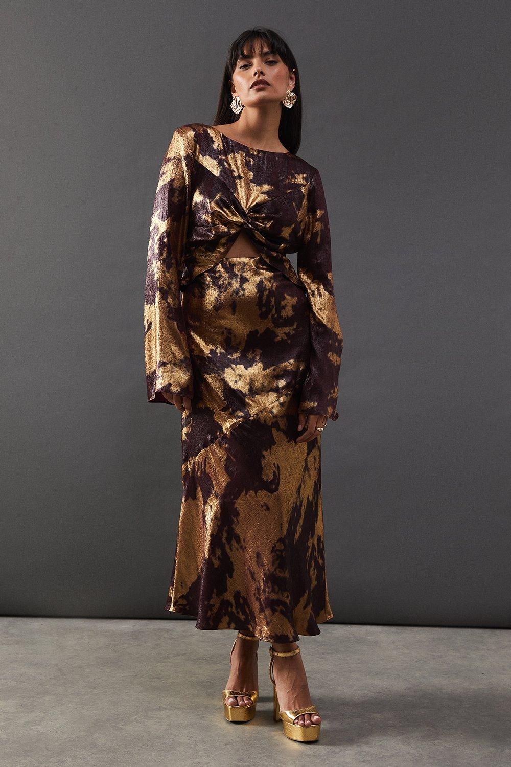 Warehouse Metallic Marble Twist Front Bias Midi Dress Metal