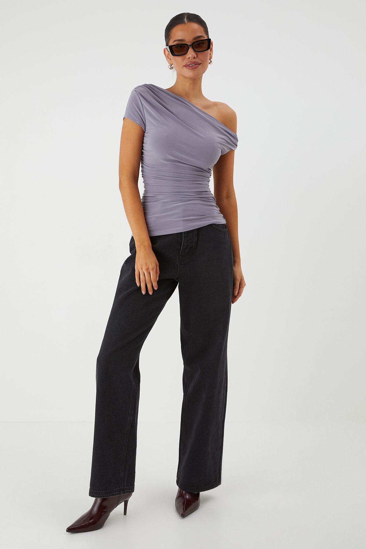 MissPap Ruched Slash Neck Cap Sleeve Top Slate Grey image 2