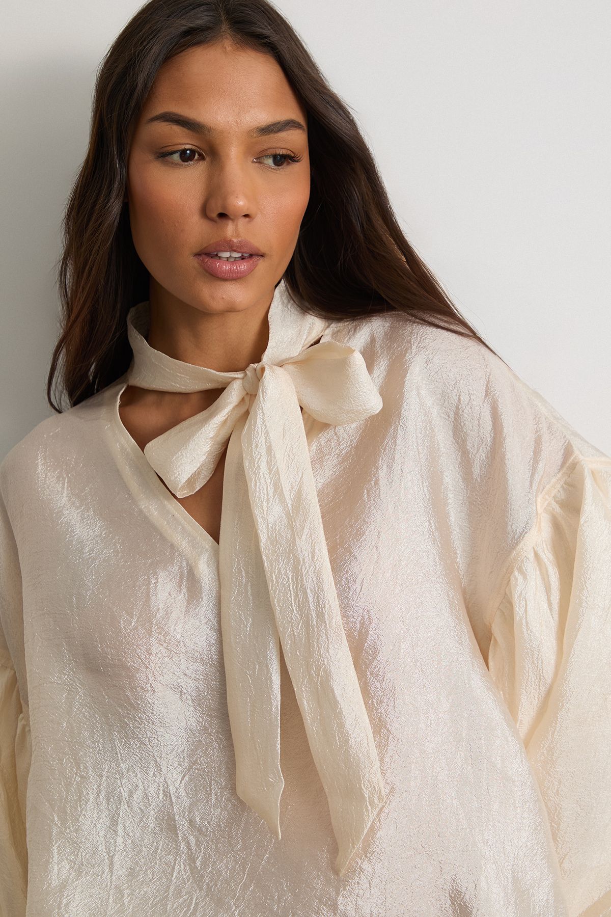 Warehouse Pussybow Tie Neck Blouson Sleeve Blouse Cream image 4