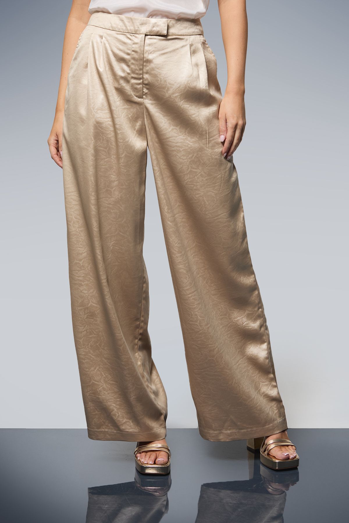 Dorothy Perkins Textured Satin Pleated Wide Leg Trouser Champagne image 2