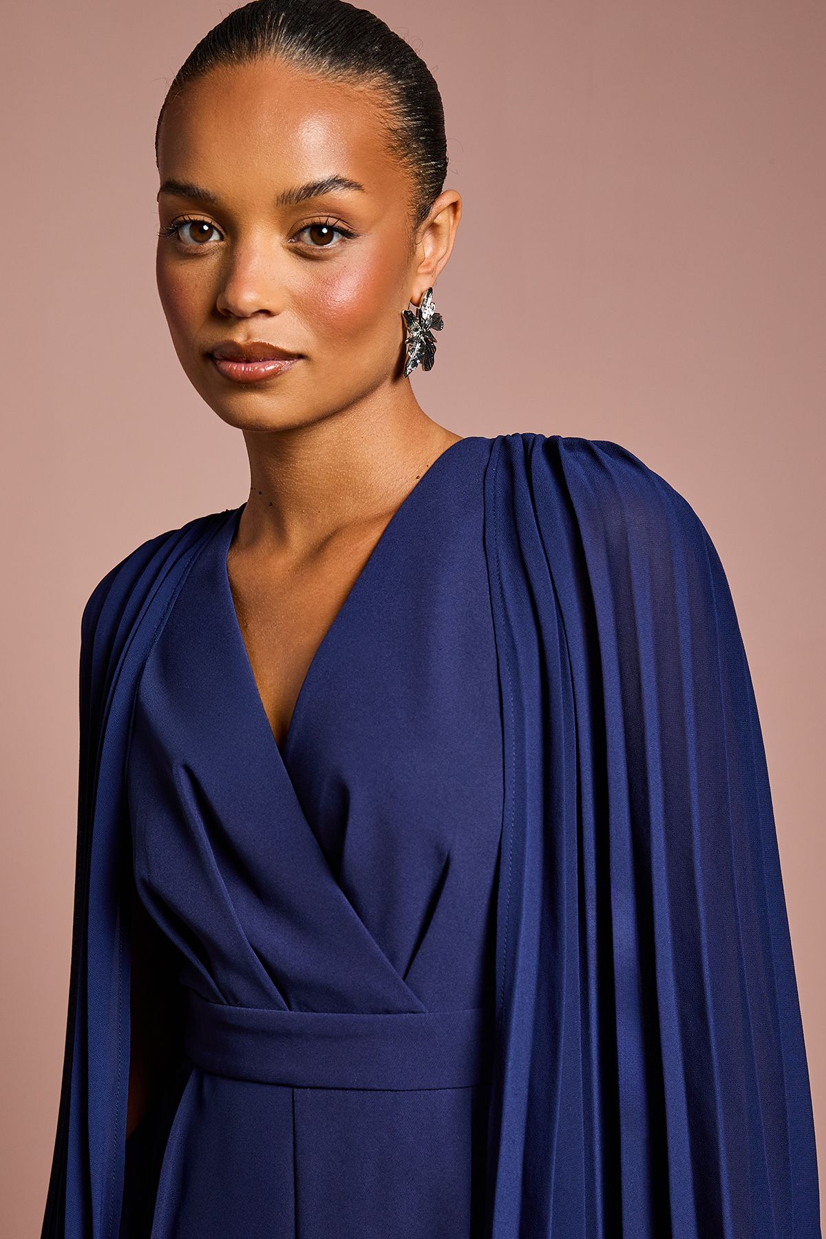 Coast Petite V Neck Pleated Long Sleeve Jumpsuit Navy image 4