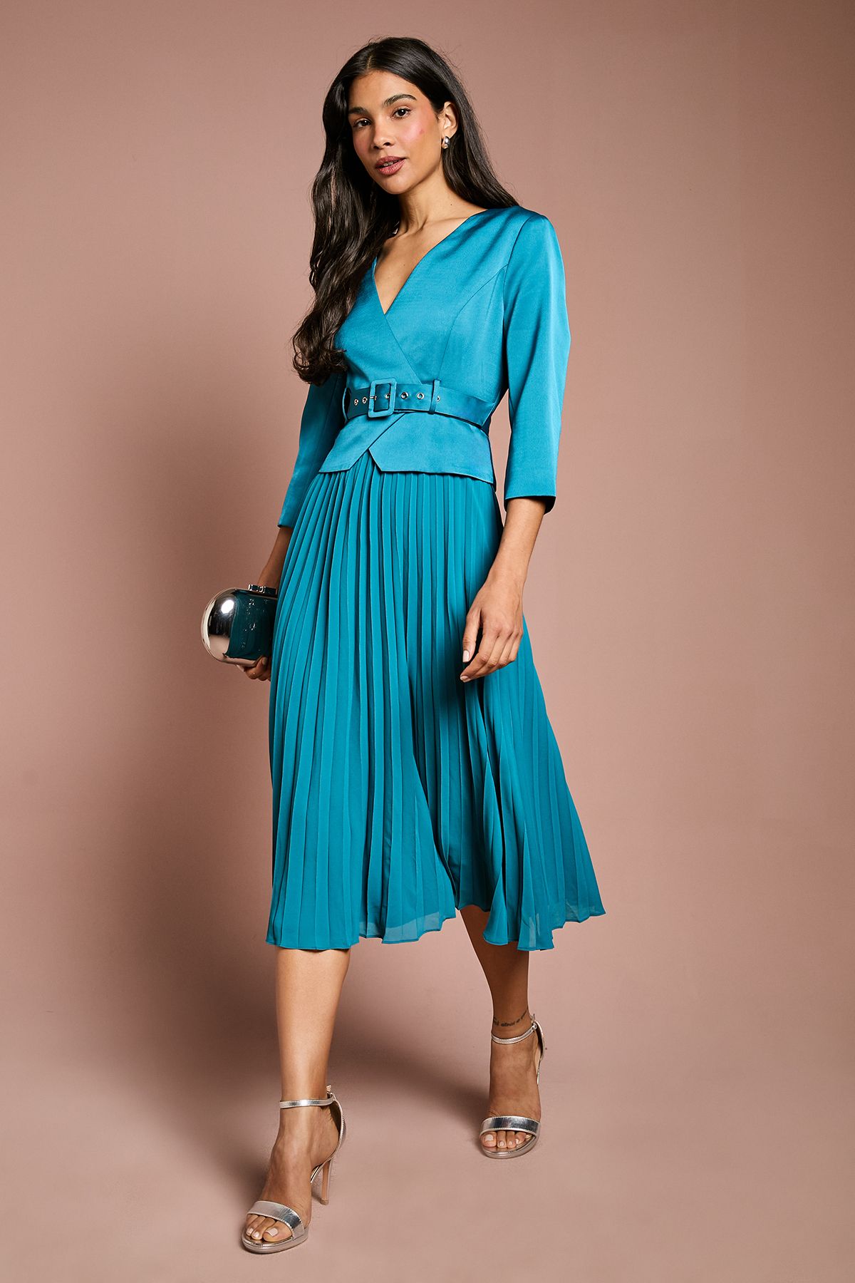 Coast Teal Satin Bodice ¾ Sleeve Pleat Skirt Belted Midi Wedding