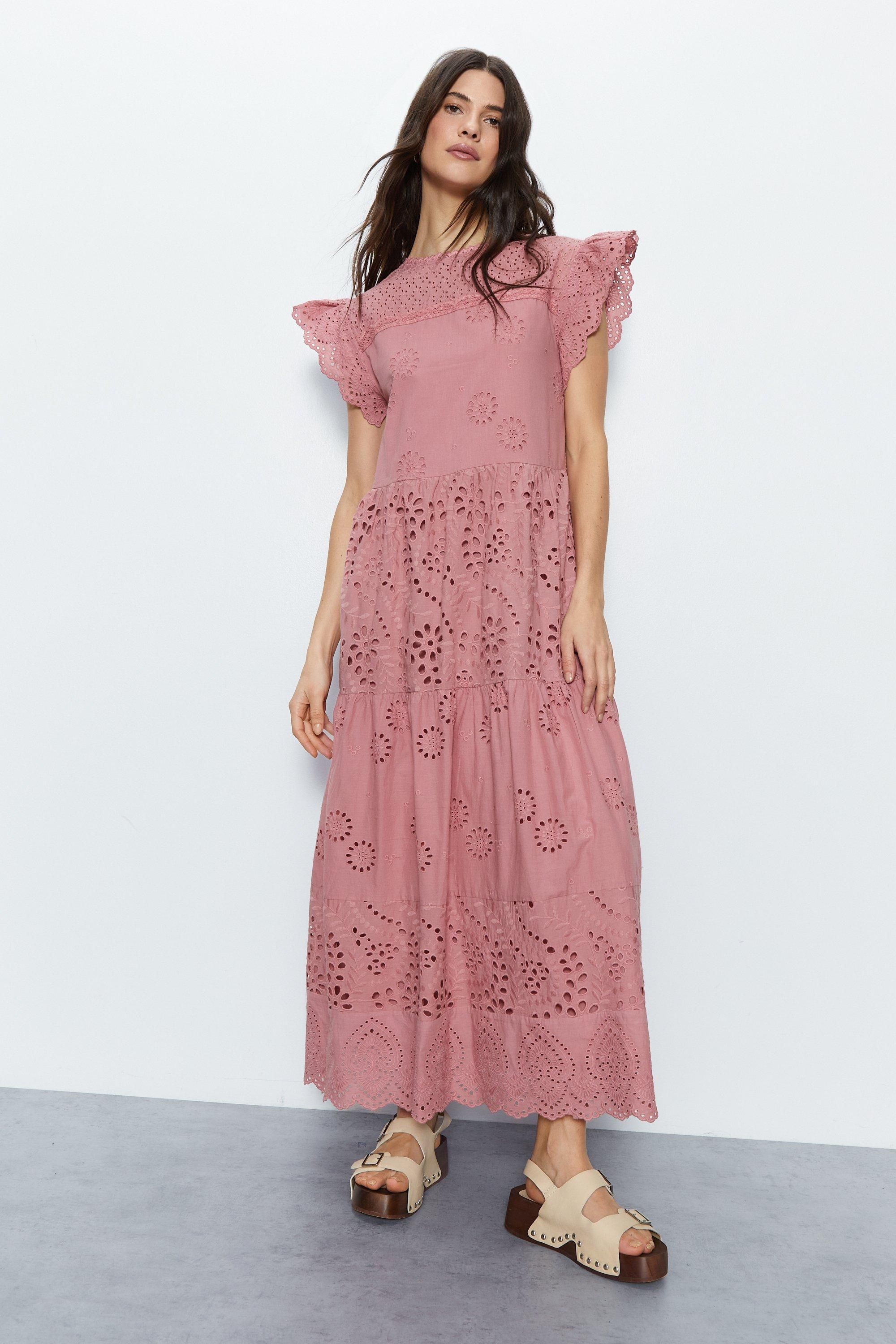 Warehouse Broderie Mix Tiered Midi Dress Rose image 3