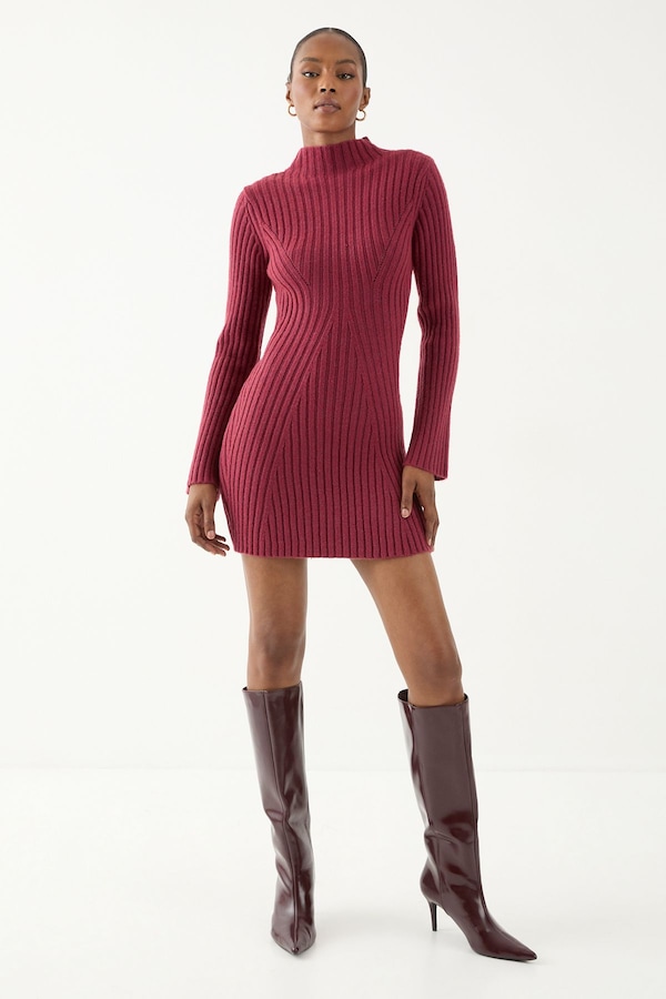 MissPap Knitted Ribbed Flute Long Sleeve Mini Dress Berry