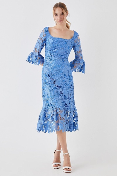 Coast Satin Lace Long Sleeve Midi Dress Blue