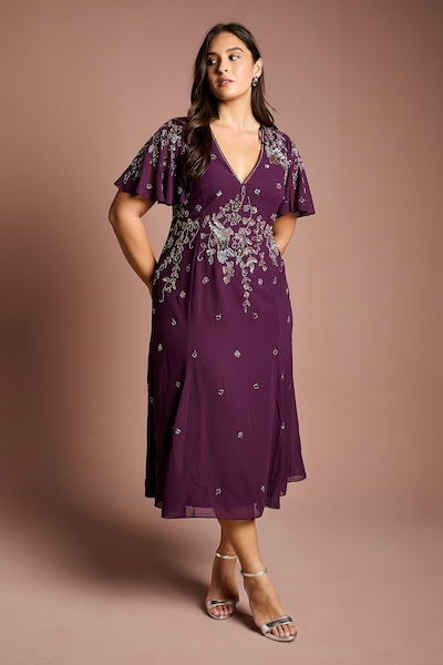 Coast Plus Floral Embellished Flutter Sleeve Midi Dress Wine