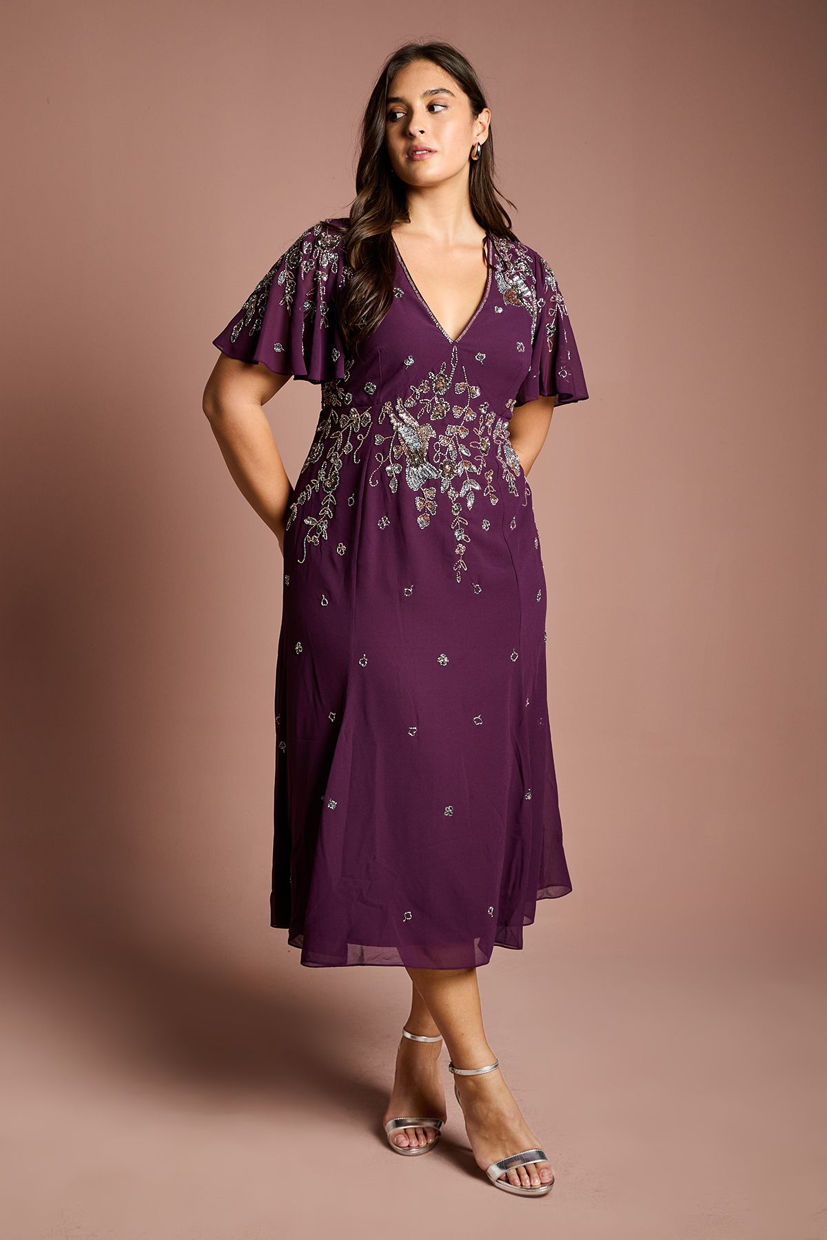 Coast Plus Floral Embellished Flutter Sleeve Midi Dress Wine