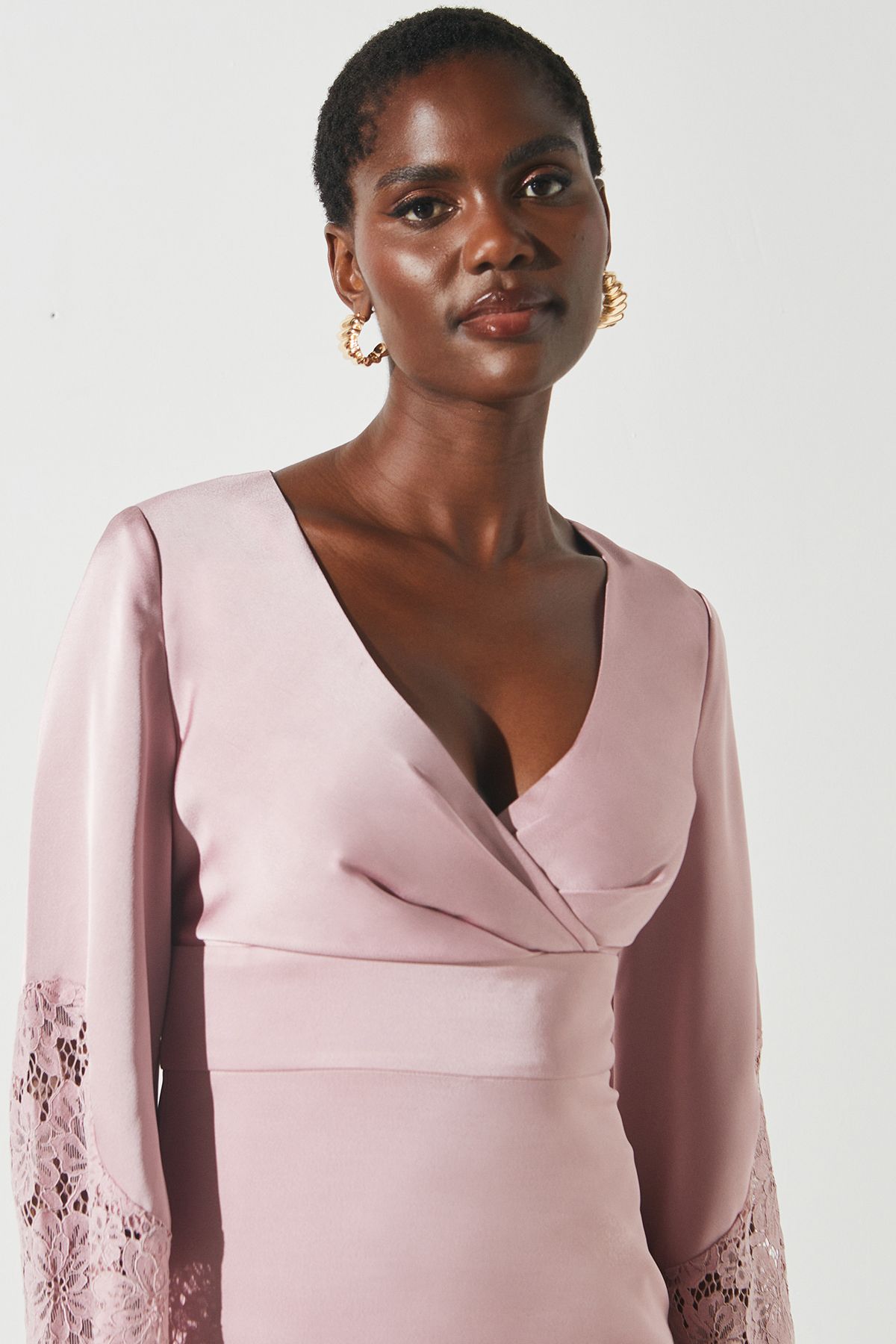 Coast Lace Panelled Satin Wrap Dress Dusky Pink image 5