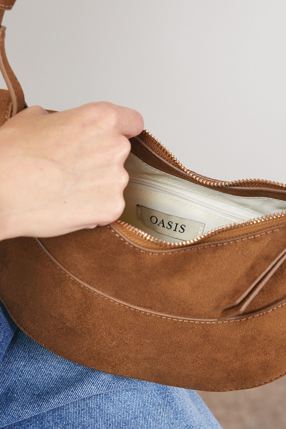 Oasis Relly Faux Suede Half Moon Crossbody Bag Tan image 3