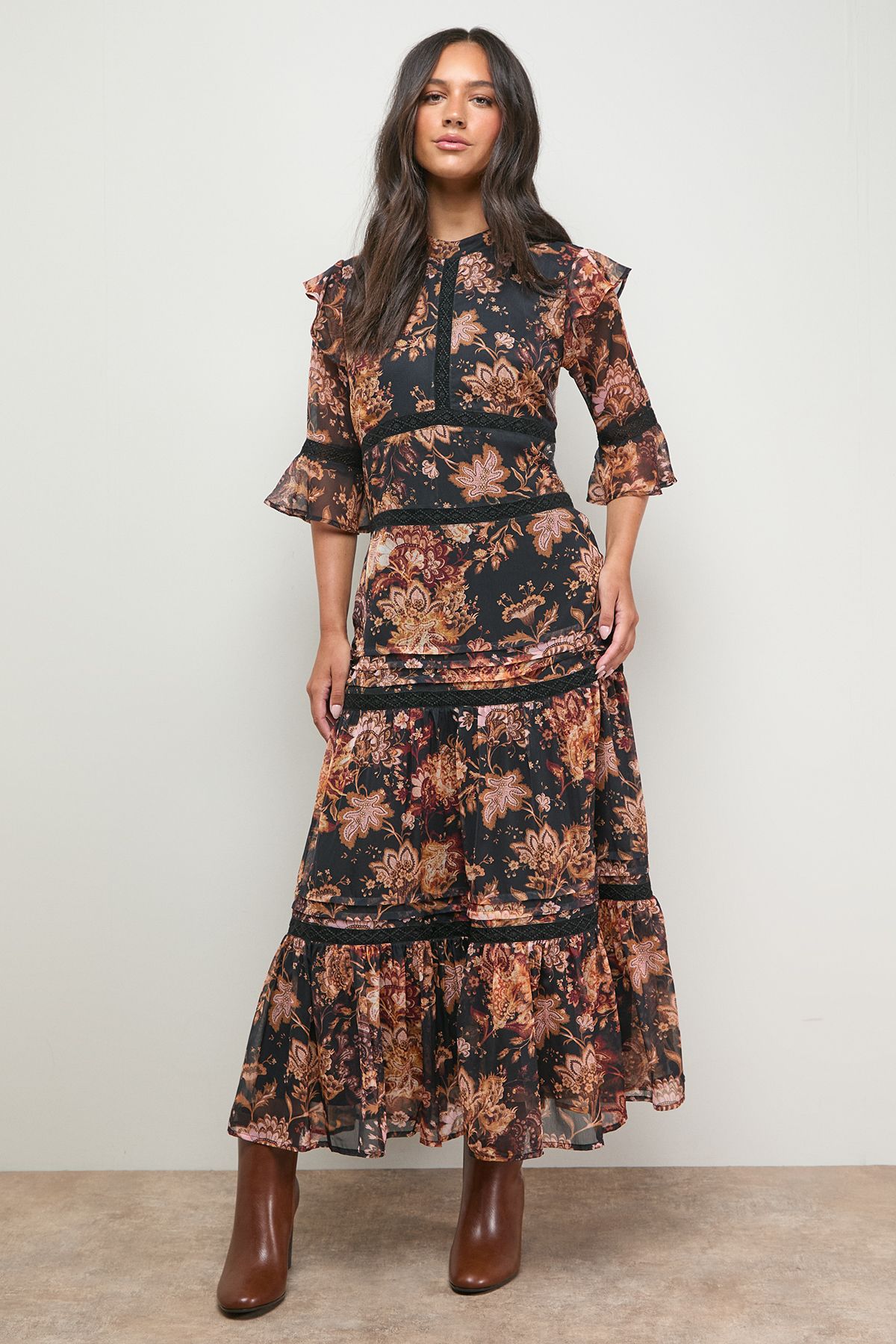 Oasis Louisa Faux Leather Round Toe Stacked High Heel Ankle Boots Dark Tan image 2