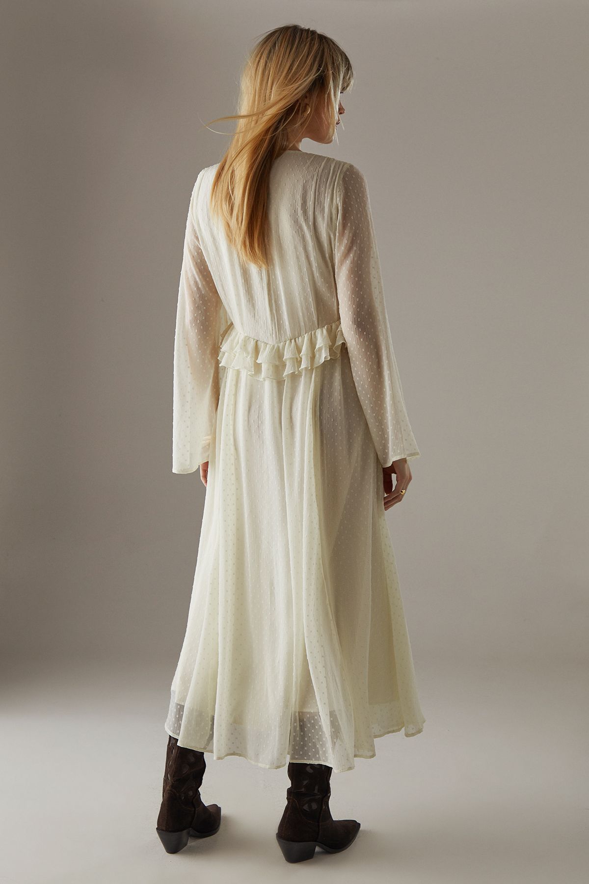 Warehouse Dobby Chiffon Plunge Neck Ruffle Midi Smock Dress Cream image 3