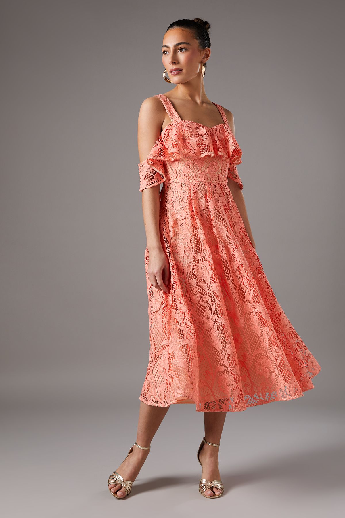 Coast Off The Shoulder Lace Fit And Flare Dress Coral