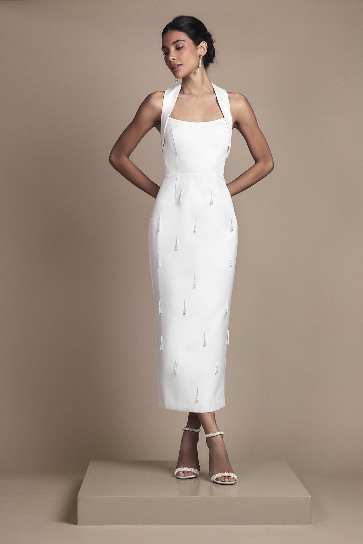 Coast Halter Satin Midi Wedding Dress With Pearl White image 2