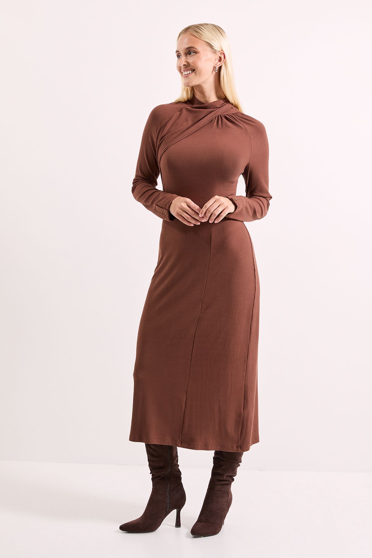 Principles Mocha Twist Detail Ribbed Jersey Midi Dress Mocha image 4