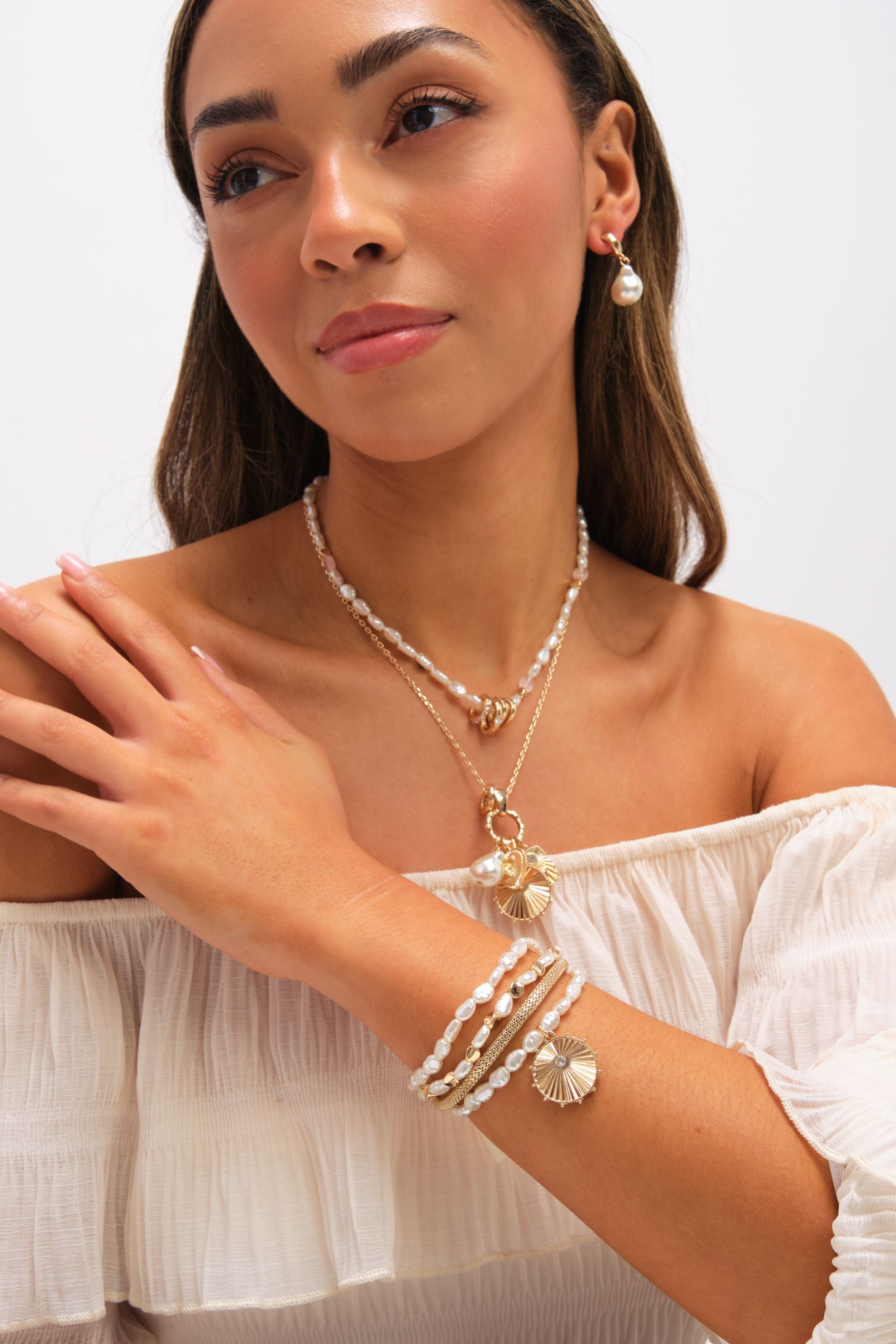 Mood Gold Plated Multi Row Charm Pearl Necklace image 2