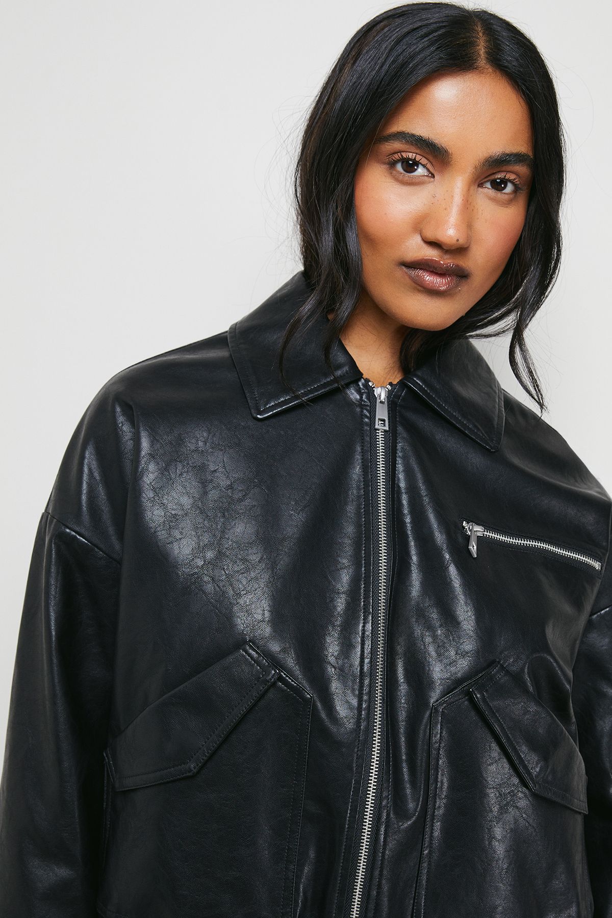 Warehouse Faux Leather Distressed Bomber Jacket Black image 4