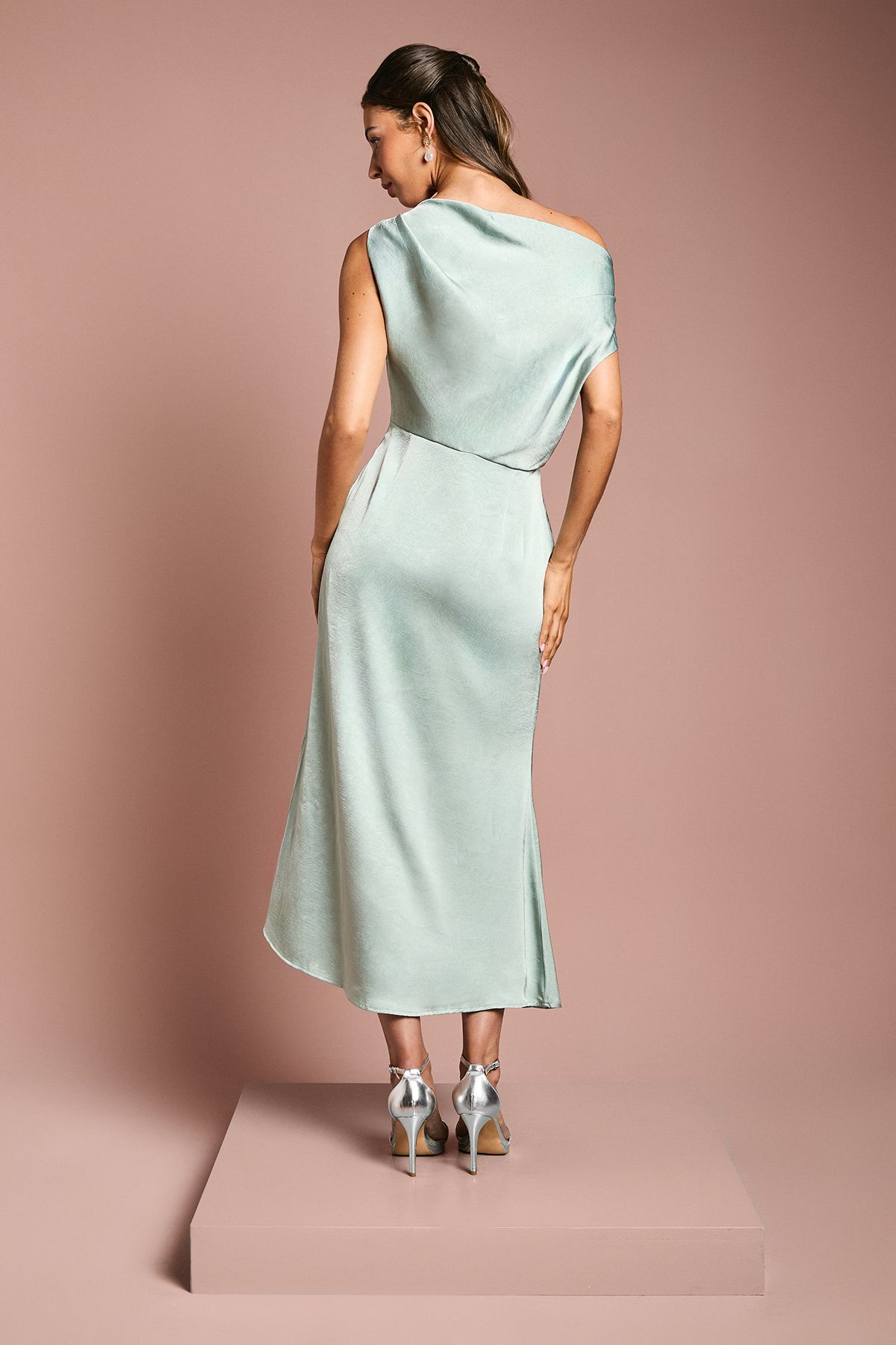Oasis Fallen Shoulder Satin Bridesmaid Midi Dress Sage image 4