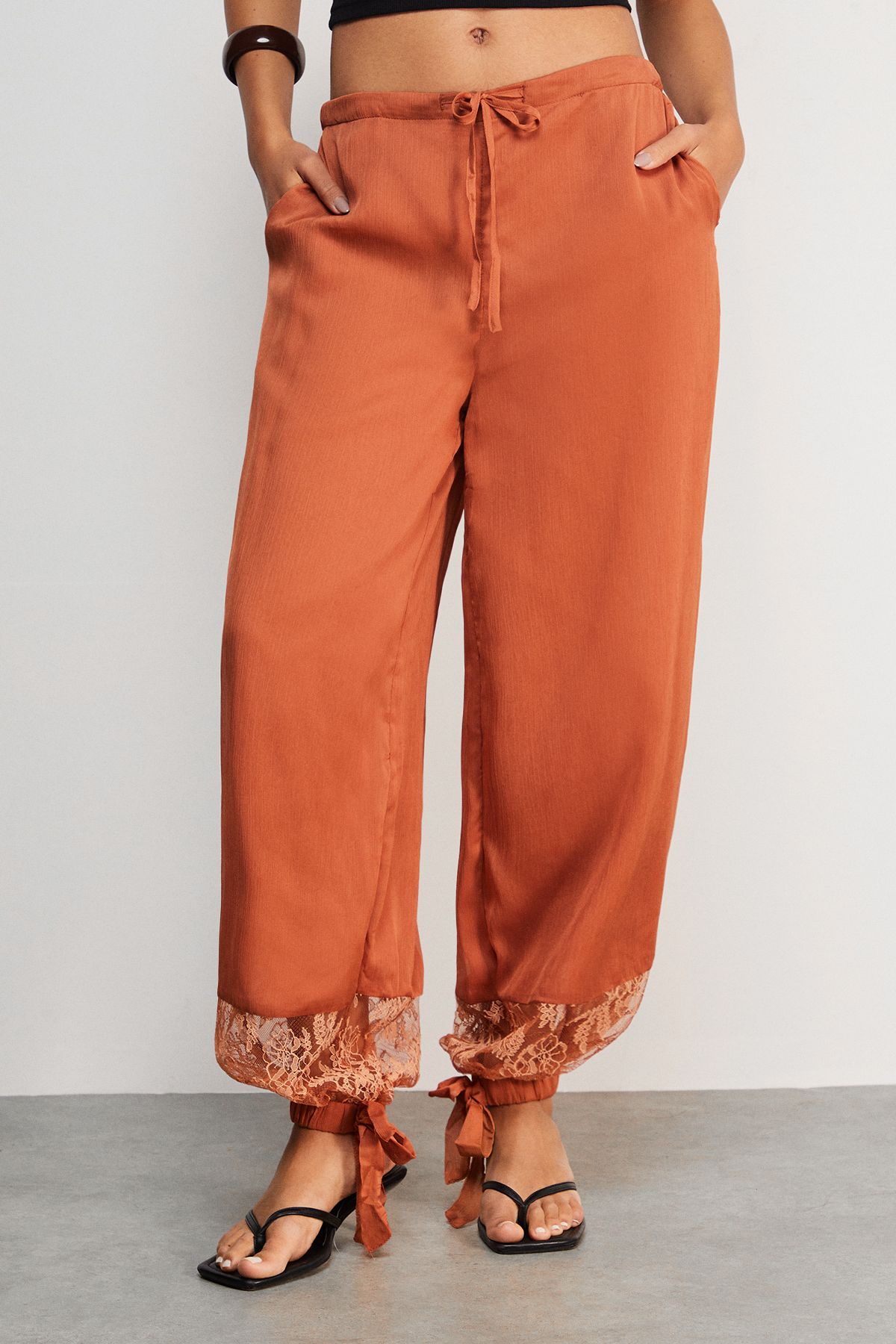 Warehouse Lace Insert Chiffon Cuffed Trousers Tan image 2