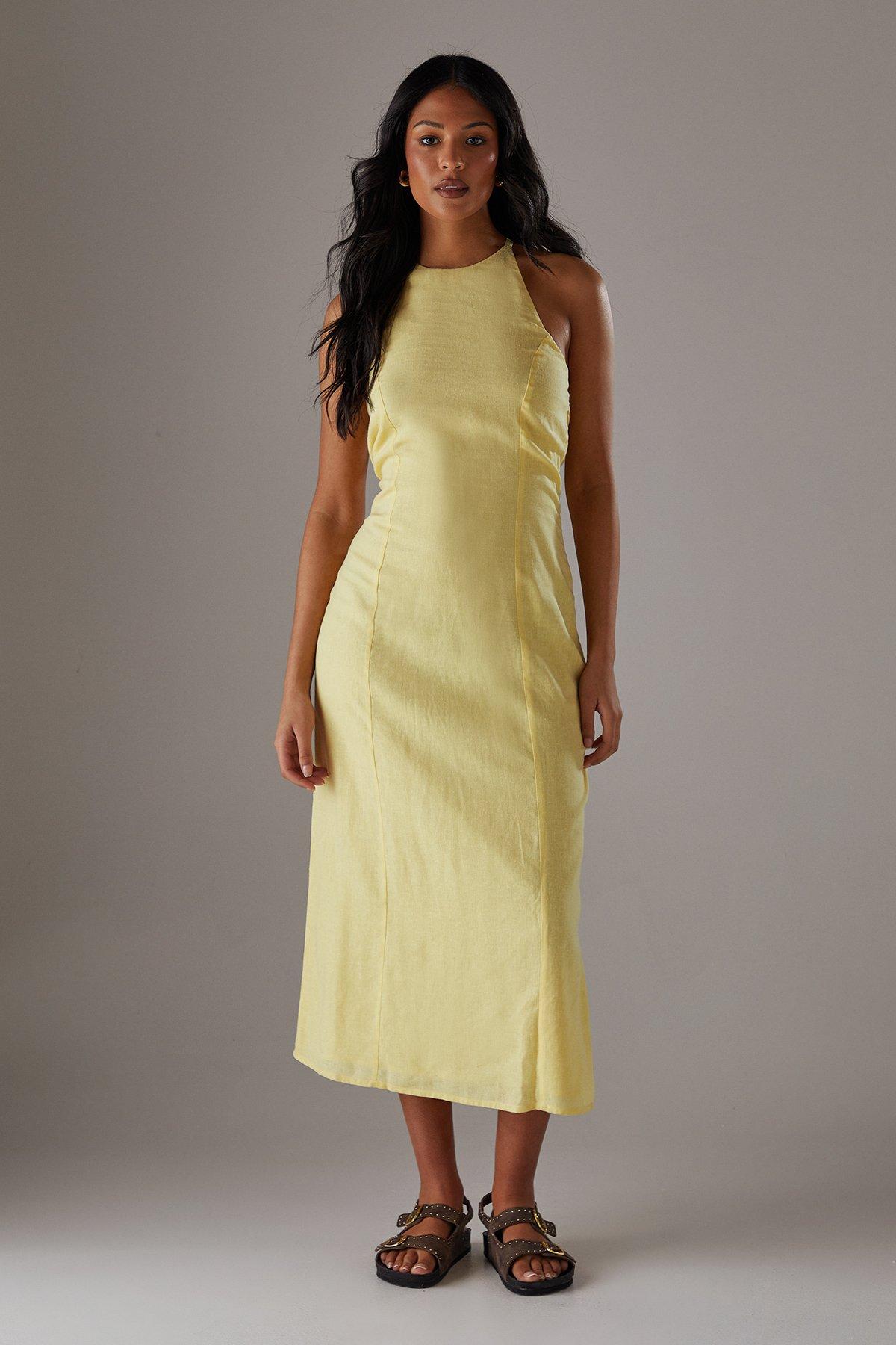 Warehouse Premium Linen Blend Racer Tie Back Midi Dress Yellow image 2