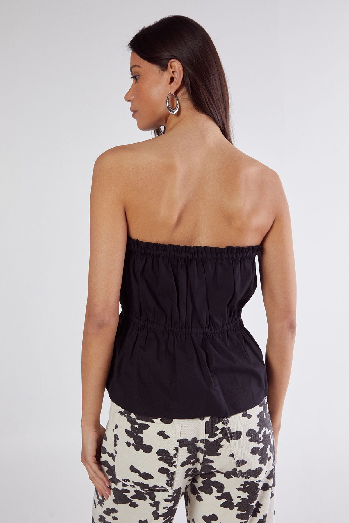 NastyGal Cotton Poplin Bandeau Ruched Tie Front Top Black image 4