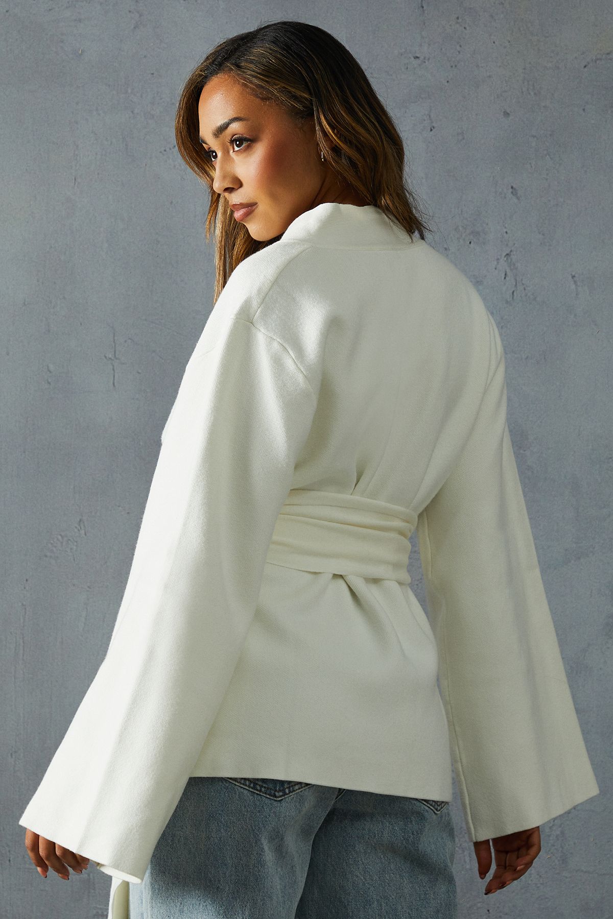 MissPap Heavyweight Knitted Belted Wrap Kimono Cardigan Ivory image 3