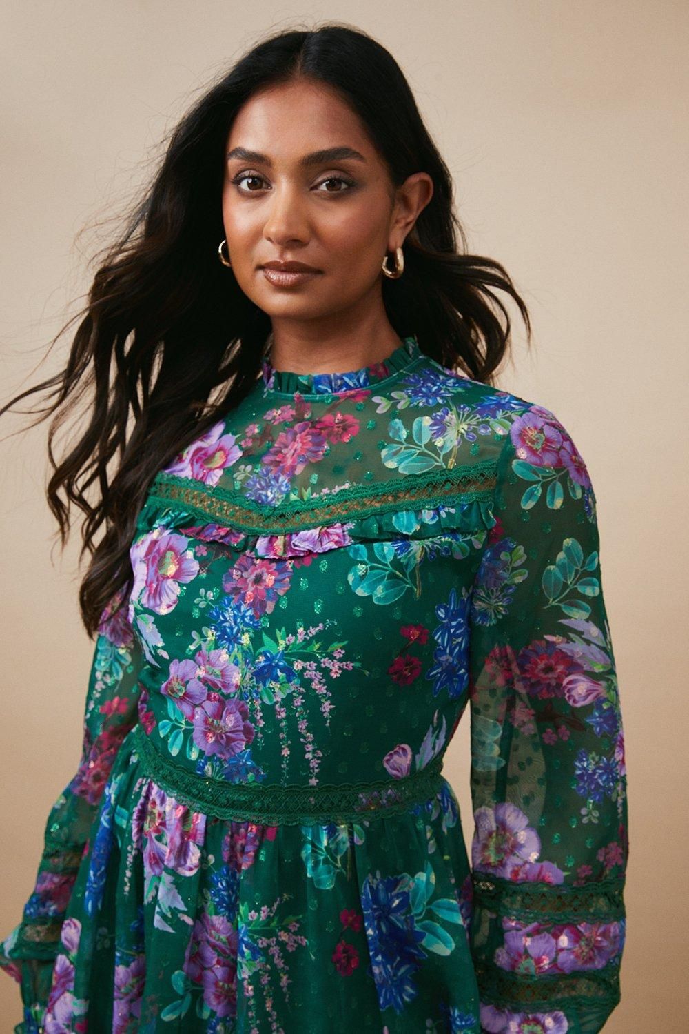 Oasis Occasion Floral Glitter Lace Trim Midi Dress Green image 2